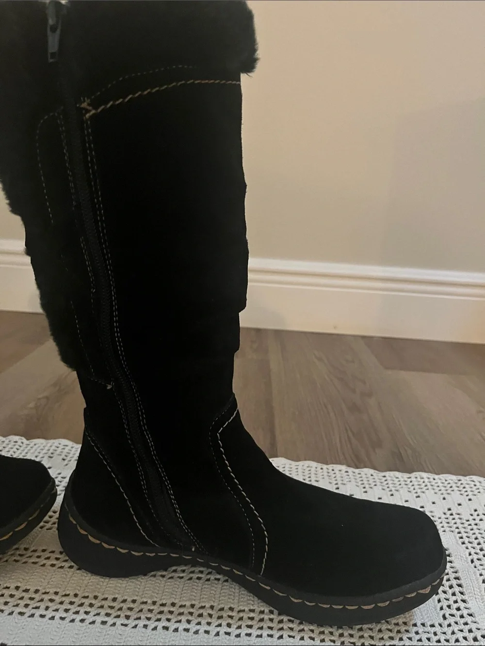 Bare Traps Black Suede Tall Winter Boots with Faux Fur Trim size 7 NWOB